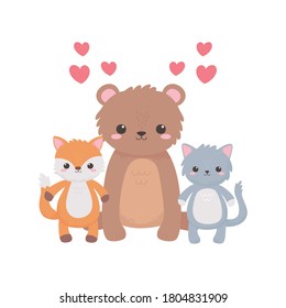 cute bear cat fox tree hearts lovely cartoon animals vector illustration