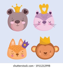 cute bear cat monkey and fox with crown animals faces cartoon icons set vector illustration