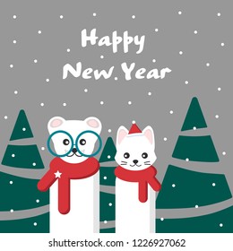 Cute bear and cat in a red scarf with green fir trees. Greeting card happy new year.