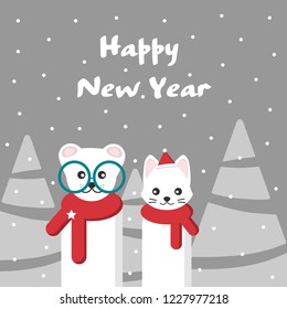 Cute bear and cat in a red scarf with snow firs on an isolated gray background. Happy new year greeting card.