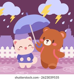 Cute Bear and Cat Sharing Umbrella in Rain. Adorable Cartoon Animals Walking in Rain with Lightning and Umbrella. Kawaii Bear Protecting Cat from Rainstorm.