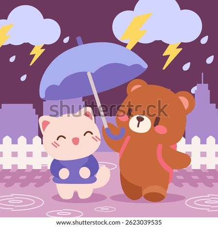 Cute Bear and Cat Sharing Umbrella in Rain. Adorable Cartoon Animals Walking in Rain with Lightning and Umbrella. Kawaii Bear Protecting Cat from Rainstorm.