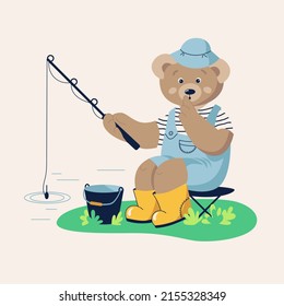 El oso lindo está capturando peces, ilustración infantil