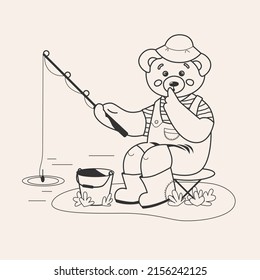 Cute bear is catching fish, coloring page