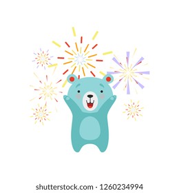 Cute bear celebrating with fireworks, lovely cartoon animal character, design template can be used for New Year or Christmas, Birthday card, banner, poster, holiday decoration vector Illustration