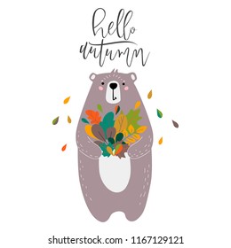 Cute bear character with autumn leaves. Vector illustration. Eps 10.