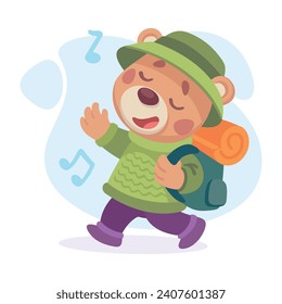 Cute Bear Character with Backpack Hiking and Singing Vector Illustration