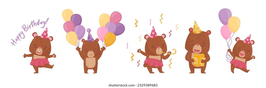 Cute Bear Character in Birthday Hat Celebrating Holiday Vector Set