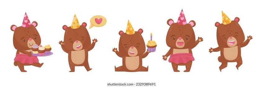 Cute Bear Character in Birthday Hat Celebrating Holiday Vector Set