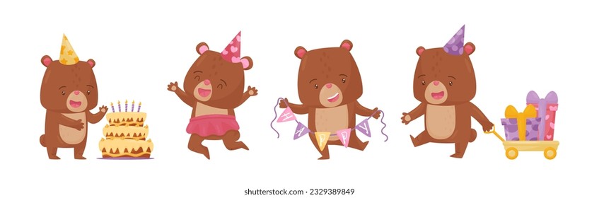 Cute Bear Character in Birthday Hat Celebrating Holiday Vector Set