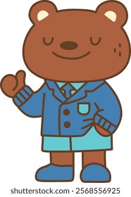 A Cute bear character in blue school uniform, smiling confidently
