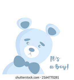 Cute bear character a boy baby shower invitation, greeting card, birthday party, nursery art poster. Vector illustration of a bunny smiling face with a blue bow tie. It's a boy.