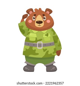 Cute bear character in camouflage cartoon illustration. Serious animal soldier in military uniform saluting officer. Army, zoo, warrior concept