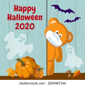 Cute bear character celebrating Halloween in 2020 wearing a medical mask. The concept of protecting health and caring for others. The children's poster reminds of social distance.