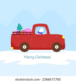 Cute Bärenfigur mit einem Auto mit Geschenken für frohe Weihnachten und Neujahr fahren