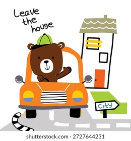 Carácter lindo del oso que conduce el coche lejos de la casa en la ilustración de camino simple. Concepto de rutina diaria para niños
