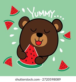 Personagem de urso bonito comendo melancia com ilustração de expressão feliz. Conceito de comida para crianças
