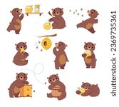 Cute Bear Character Engaged in Different Activity Vector Set