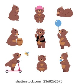 Cute Bear Character Engaged in Different Activity Vector Set