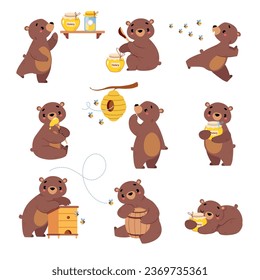 Cute Bear Character Engaged in Different Activity Vector Set