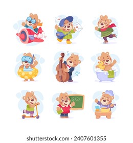 Cute Bear Character Engaged in Different Activity Vector Illustration Set