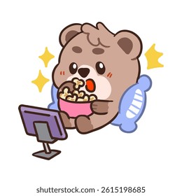Cute Bear Character Enjoying Movie Time with Popcorn and TV
