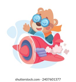 Cute Bear Character in Goggles Fly Plane Vector Illustration