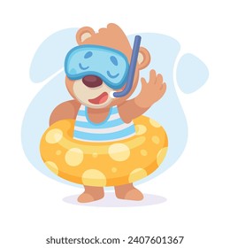 Cute Bear Character in Goggles and Rubber Ring Vector Illustration