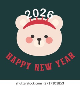 Cute Bear Character Happy New Year 2026 Greeting Vector Illustration