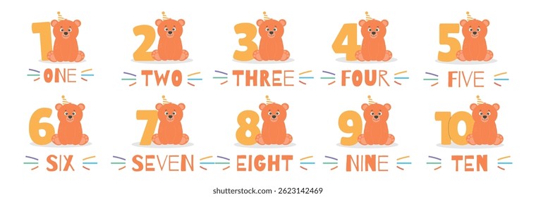 Cute bear character in hat and number from 1 before 10 vector set. Beautiful elements for Kids Birthday Party invitation, greeting card, poster, event, prints and cake toppers design