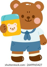 Personagem de urso bonito segurando borracha colorida, vestindo roupa de estudante, com sorriso amigável. Este design adorável é perfeito para ilustrações de crianças e materiais educacionais
