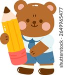 Cute bear character holding large yellow pencil, wearing student outfit, with friendly expression. This playful design is perfect for children illustrations or educational materials
