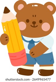 Cute bear character holding large yellow pencil, wearing student outfit, with friendly expression. This playful design is perfect for children illustrations or educational materials
