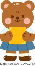 Cute bear character holding yellow card, wearing student outfit. bear has friendly expression, making it perfect for children illustrations or educational materials
