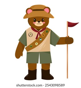 Ilustración de personaje de oso lindo con traje de explorador de campamento y accesorios de exploración