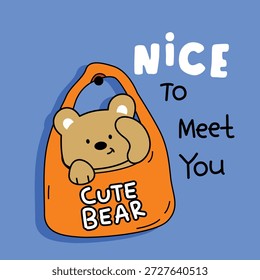 Carácter lindo del oso dentro del bolso de compras con la ilustración agradable del texto para conocerte. Concepto de saludo de los niños

