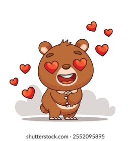 A cute bear character is joyfully surrounded by vibrant hearts, perfect for love themes on Valentines Day