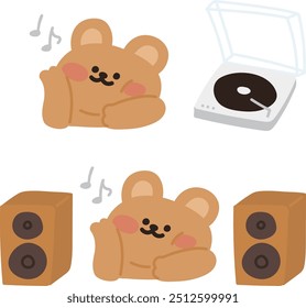 personagem urso bonito ouvir música com vinil