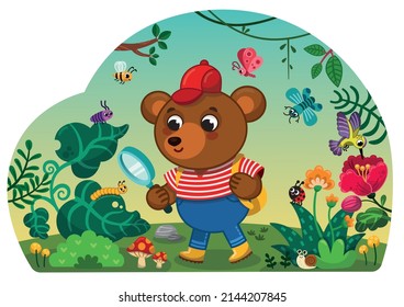 Cute bear character looking through a magnifying glass at a caterpillar on a plant. Curious bear using a magnifying glass to explore the nature. Vector cartoon illustration.