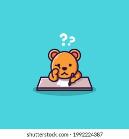 Cute Bear Character Mascot Studying And Confused. Vector Illustration Of Isolated Animal. Flat Cartoon Style.