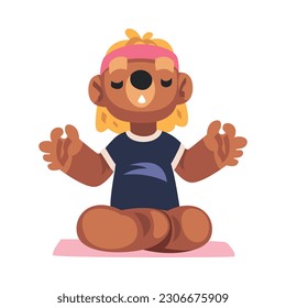 Cute bear character meditating in lotus position. Cool wild animal doing yoga. T-shirt, print, poster, sticker design cartoon vector illustration