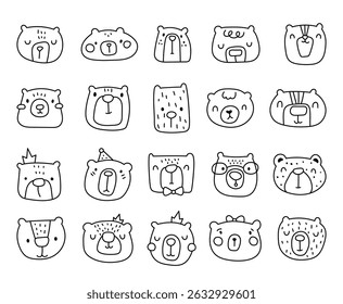Conjunto de arte de linha de contorno de personagem de urso bonito criado para crianças decorações temáticas floresta e ilustração animal para seus projetos de design criativo encantador