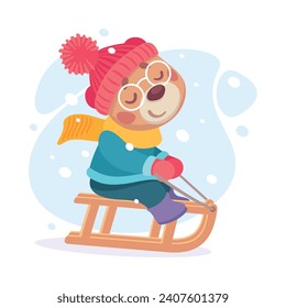 Cute Bear Character Ride Sledge in Winter Vector Illustration