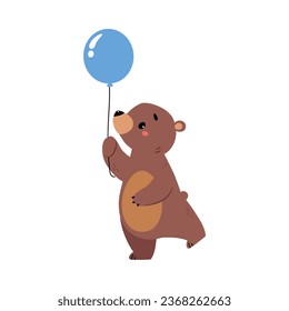 Cute Bear Character with Rounded Ears Walking with Blue Balloon Vector Illustration