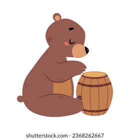 Cute Bear Character with Rounded Ears Sitting with Wooden Barrel Vector Illustration