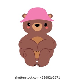 Cute Bear Character with Rounded Ears in Pink Hat Sitting Vector Illustration