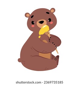 Cute Bear Character with Rounded Ears Eating Sweet Honey Vector Illustration