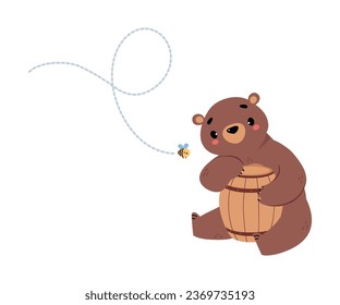 Cute Bear Character with Rounded Ears Sitting with Wooden Barrel Vector Illustration