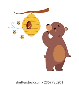 Cute Bear Character with Rounded Ears Standing at Bee Hive Vector Illustration