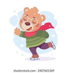 Cute Bear Character in Scarf and Sweater Ice Skating Vector Illustration